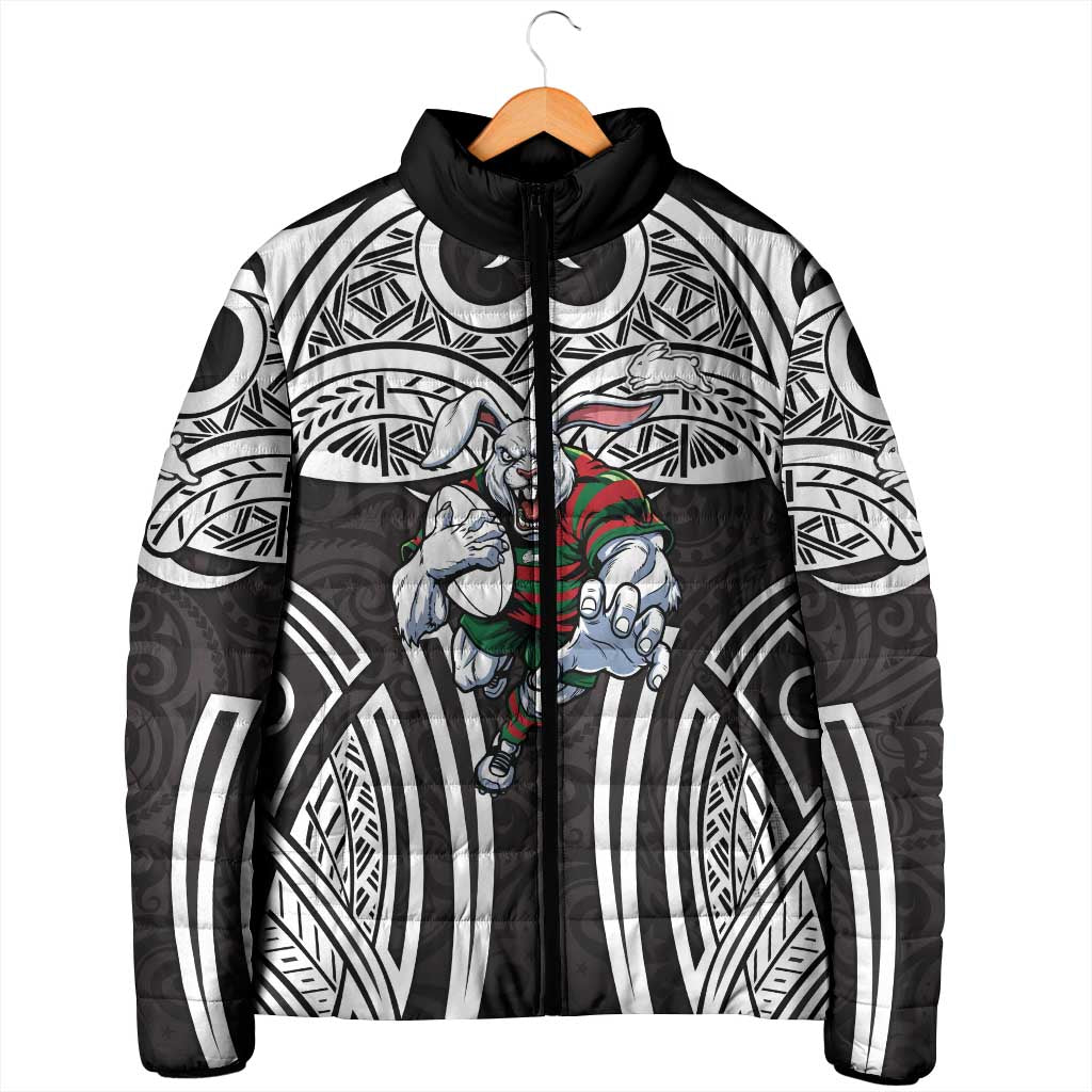 South Sydney Rabbitohs Rugby Padded Jacket Polynesian Tribal Rabbit Warrior Black White Pattern