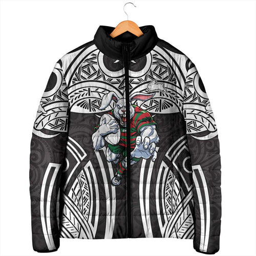 South Sydney Rabbitohs Rugby Padded Jacket Polynesian Tribal Rabbit Warrior Black White Pattern