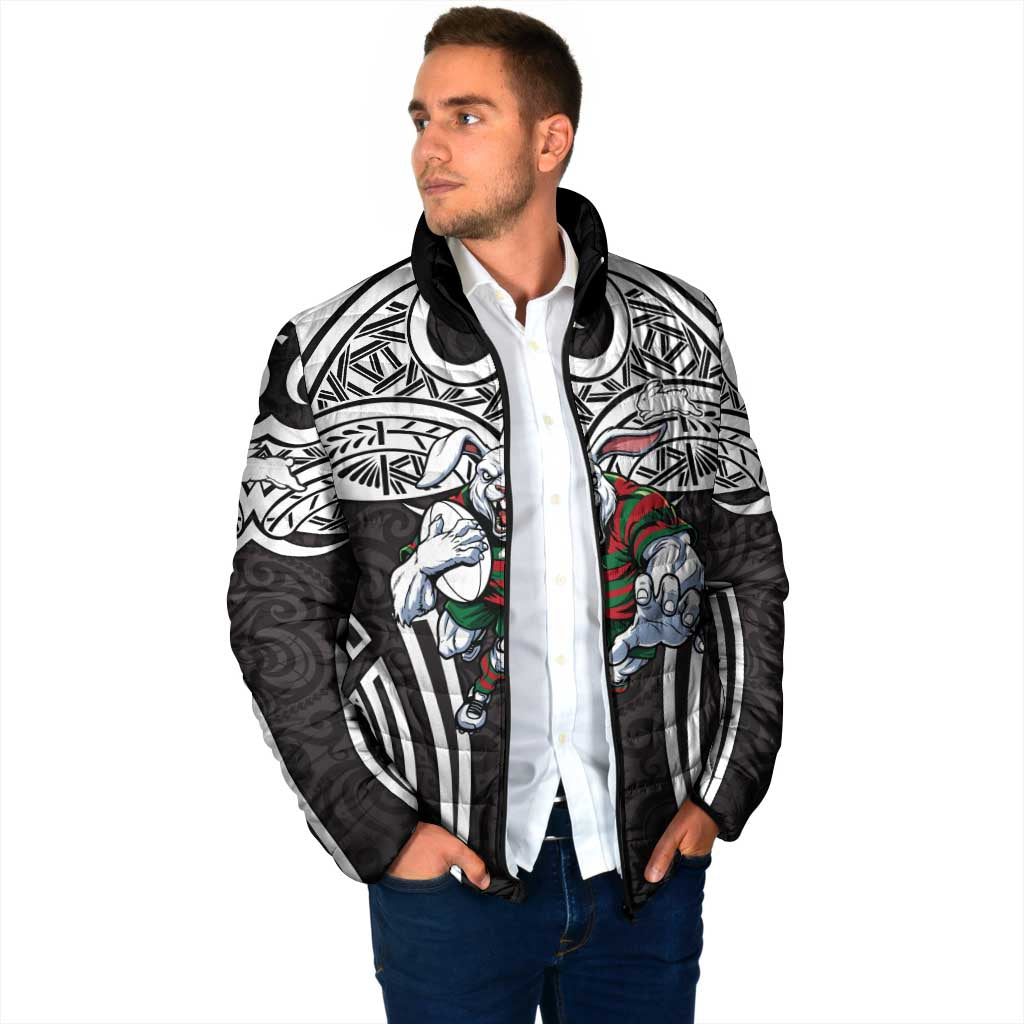 South Sydney Rabbitohs Rugby Padded Jacket Polynesian Tribal Rabbit Warrior Black White Pattern