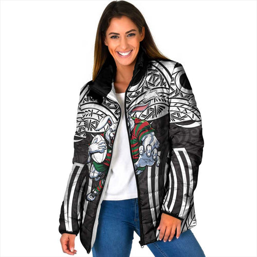 South Sydney Rabbitohs Rugby Padded Jacket Polynesian Tribal Rabbit Warrior Black White Pattern