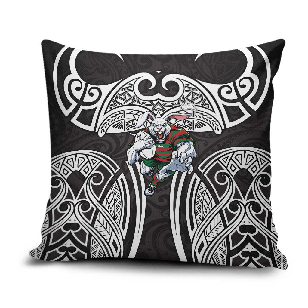 South Sydney Rabbitohs Rugby Pillow Cover Polynesian Tribal Rabbit Warrior Black White Pattern