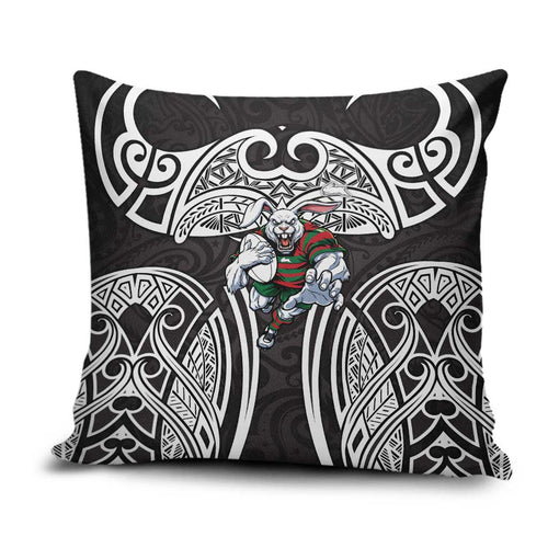 South Sydney Rabbitohs Rugby Pillow Cover Polynesian Tribal Rabbit Warrior Black White Pattern