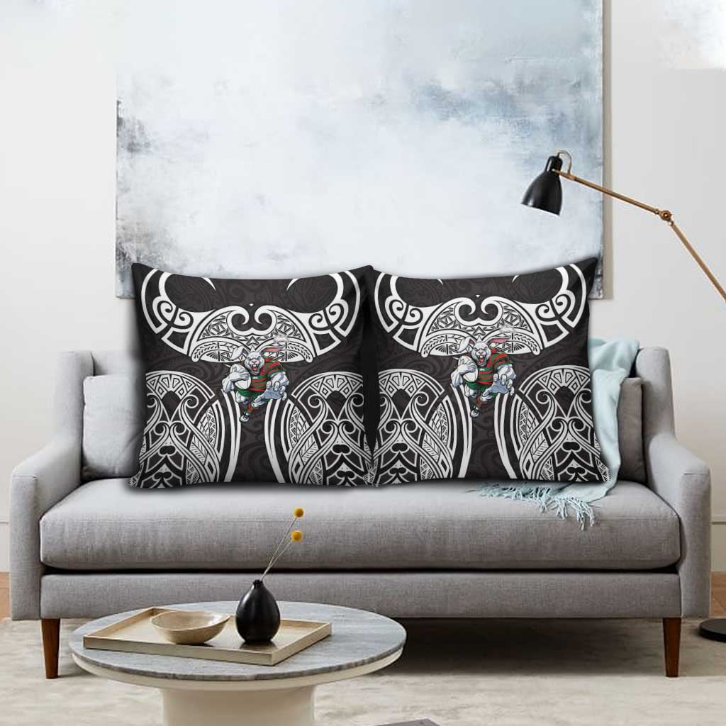 South Sydney Rabbitohs Rugby Pillow Cover Polynesian Tribal Rabbit Warrior Black White Pattern