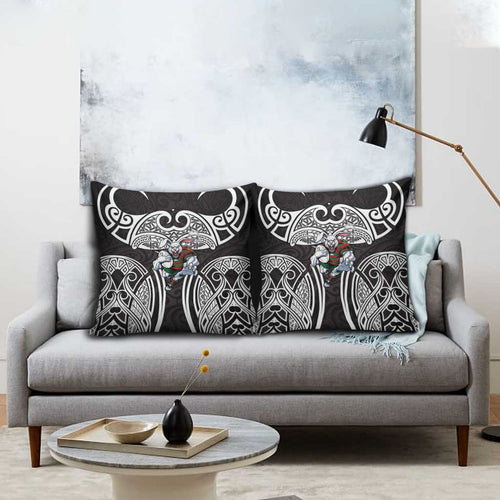 South Sydney Rabbitohs Rugby Pillow Cover Polynesian Tribal Rabbit Warrior Black White Pattern