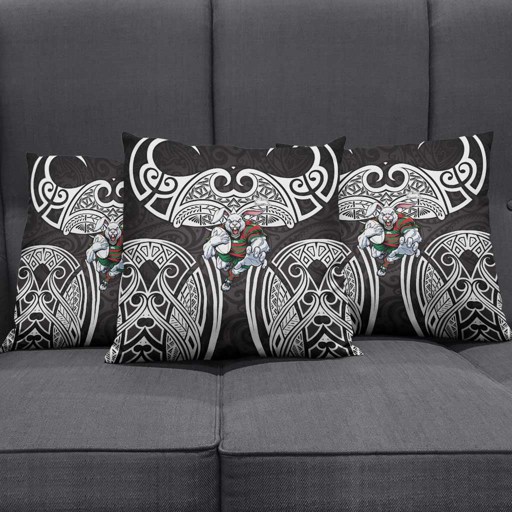 South Sydney Rabbitohs Rugby Pillow Cover Polynesian Tribal Rabbit Warrior Black White Pattern