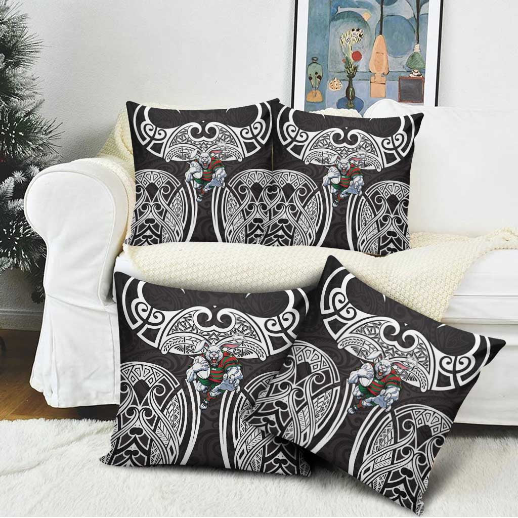 South Sydney Rabbitohs Rugby Pillow Cover Polynesian Tribal Rabbit Warrior Black White Pattern