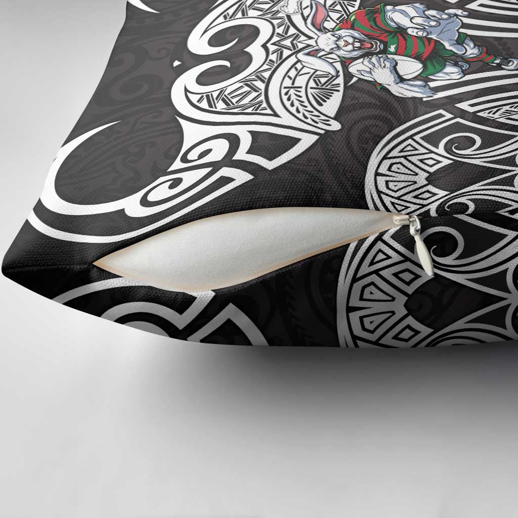 South Sydney Rabbitohs Rugby Pillow Cover Polynesian Tribal Rabbit Warrior Black White Pattern
