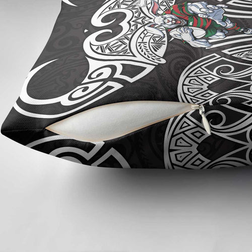 South Sydney Rabbitohs Rugby Pillow Cover Polynesian Tribal Rabbit Warrior Black White Pattern