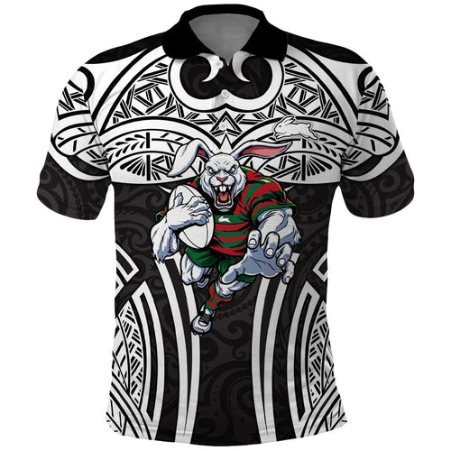 South Sydney Rabbitohs Rugby Polo Shirt Polynesian Tribal Rabbit Warrior Black White Pattern