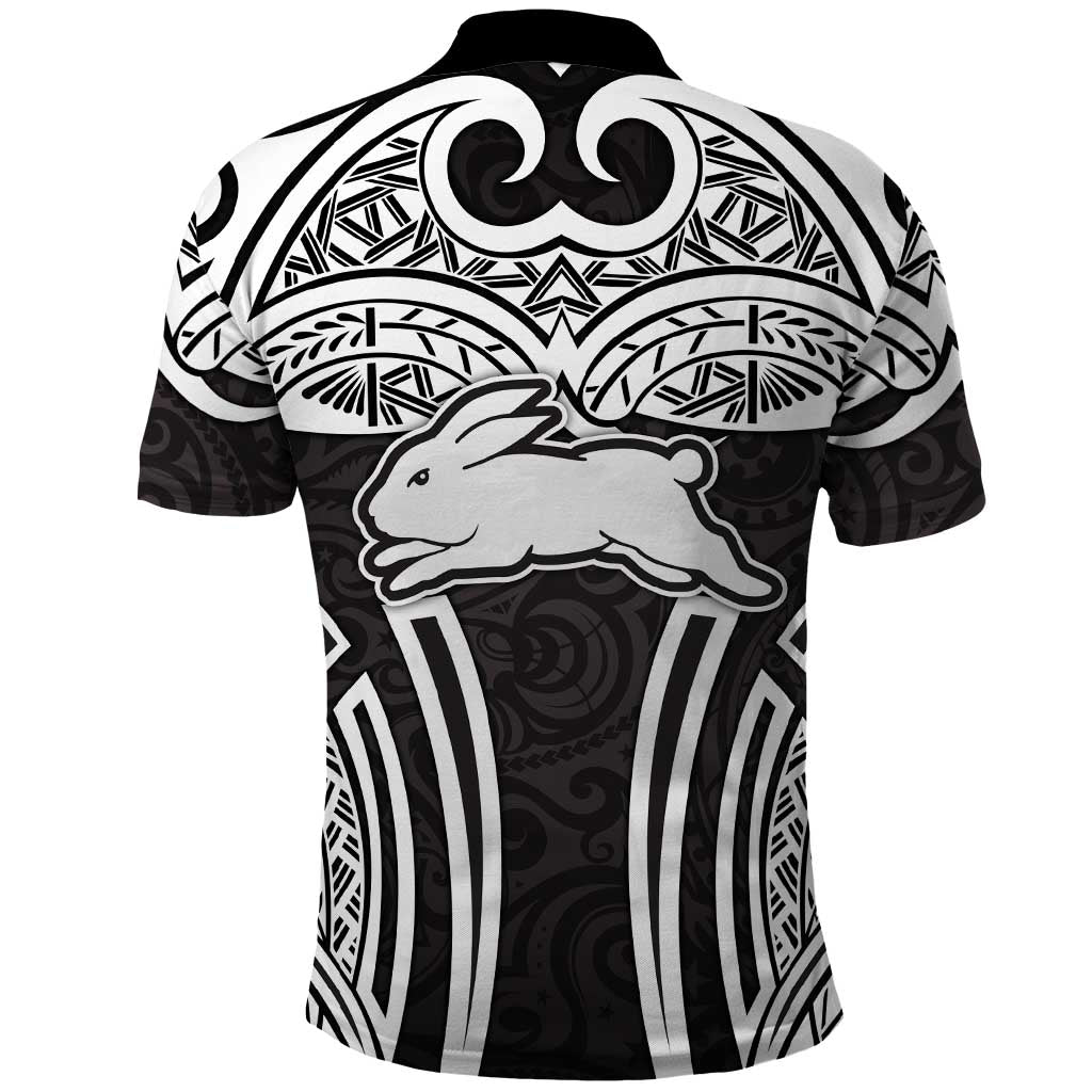 South Sydney Rabbitohs Rugby Polo Shirt Polynesian Tribal Rabbit Warrior Black White Pattern