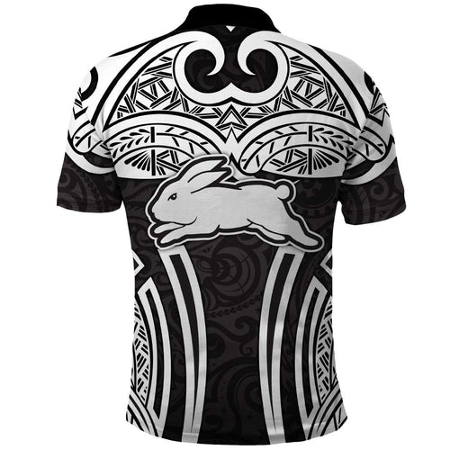 South Sydney Rabbitohs Rugby Polo Shirt Polynesian Tribal Rabbit Warrior Black White Pattern