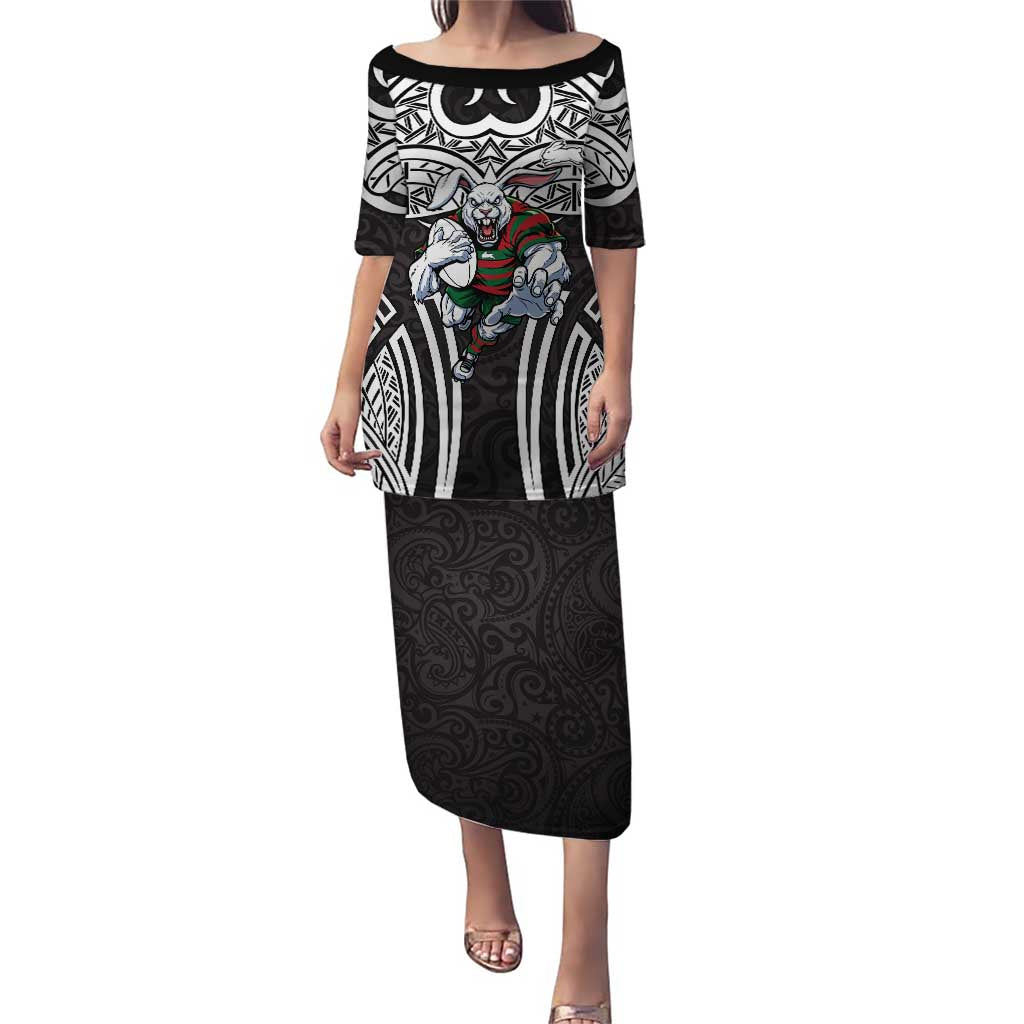 South Sydney Rabbitohs Rugby Puletasi Polynesian Tribal Rabbit Warrior Black White Pattern