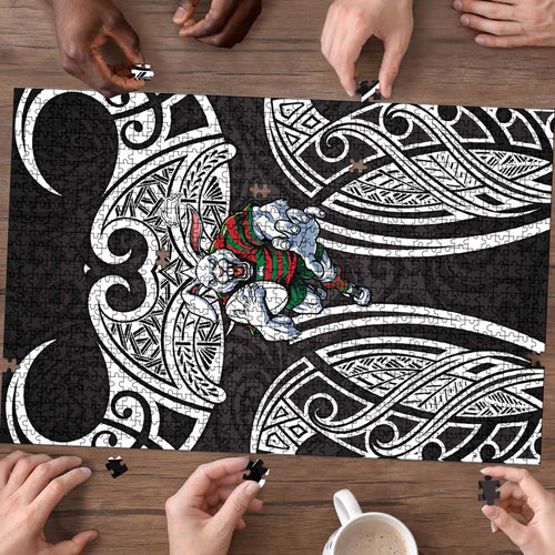 South Sydney Rabbitohs Rugby Puzzle Polynesian Tribal Rabbit Warrior Black White Pattern