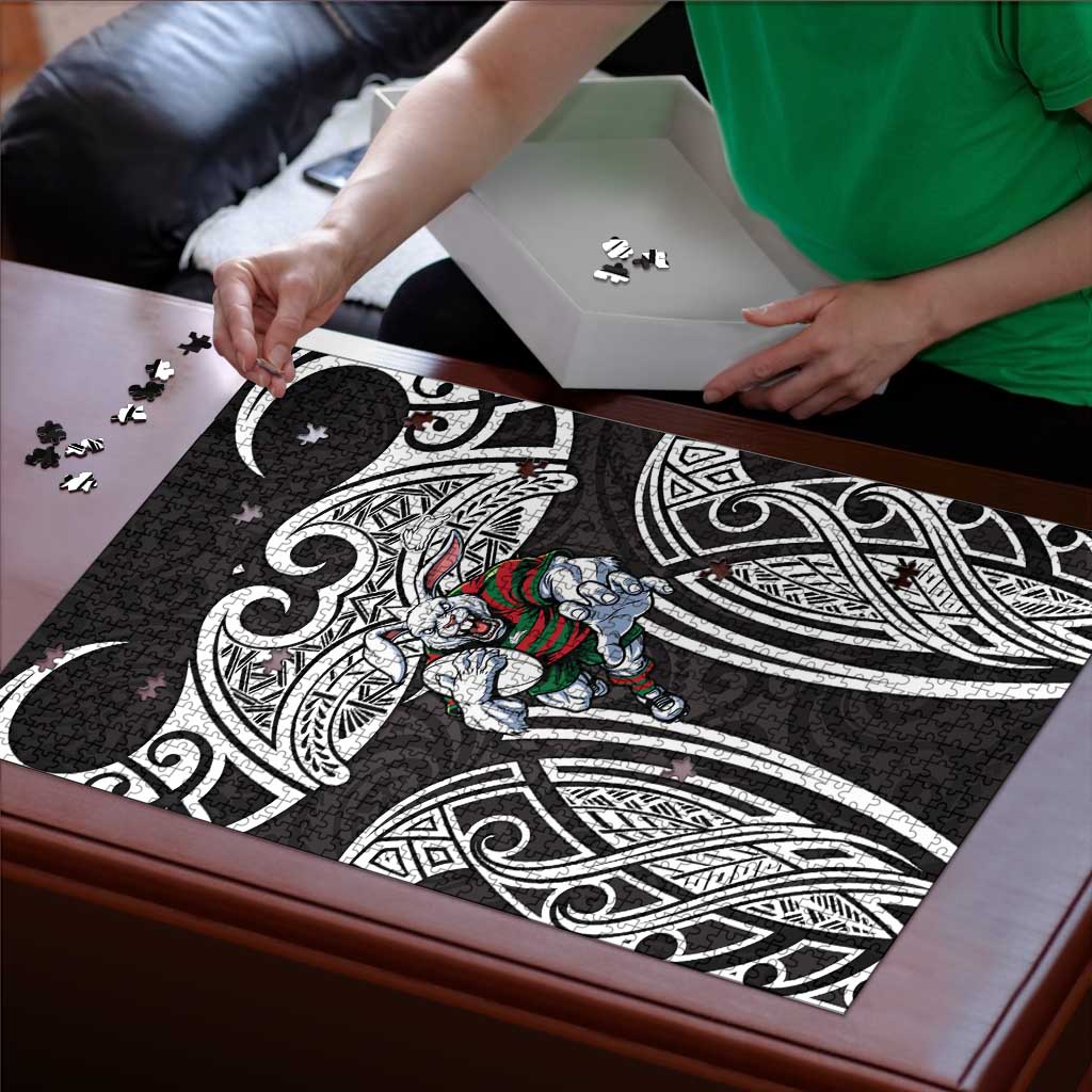 South Sydney Rabbitohs Rugby Puzzle Polynesian Tribal Rabbit Warrior Black White Pattern