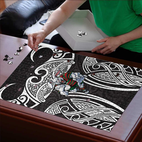 South Sydney Rabbitohs Rugby Puzzle Polynesian Tribal Rabbit Warrior Black White Pattern