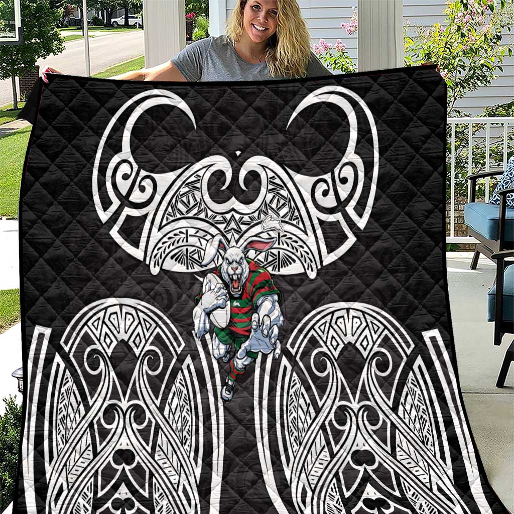 South Sydney Rabbitohs Rugby Quilt Polynesian Tribal Rabbit Warrior Black White Pattern