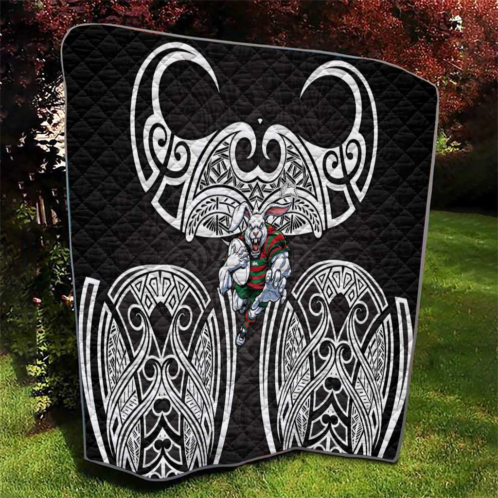 South Sydney Rabbitohs Rugby Quilt Polynesian Tribal Rabbit Warrior Black White Pattern