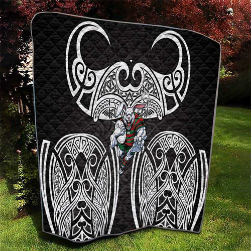 South Sydney Rabbitohs Rugby Quilt Polynesian Tribal Rabbit Warrior Black White Pattern