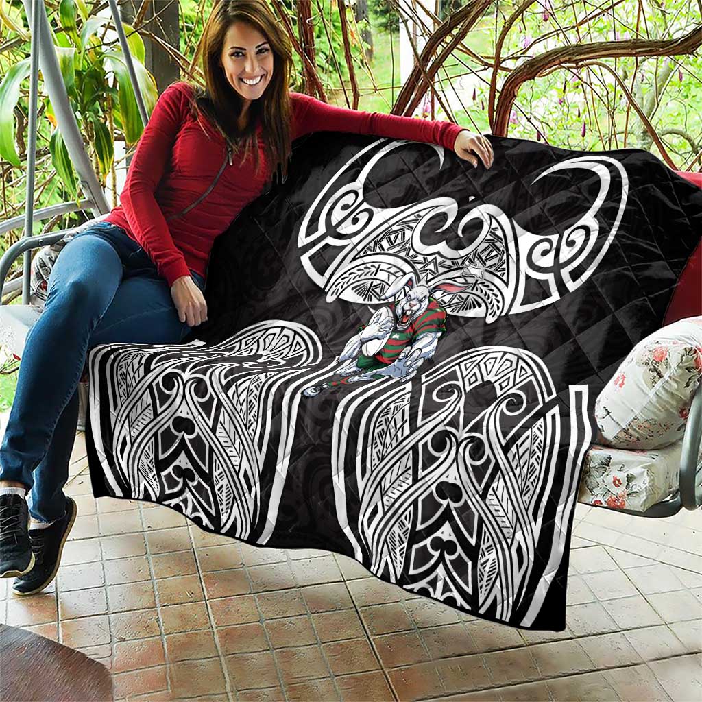 South Sydney Rabbitohs Rugby Quilt Polynesian Tribal Rabbit Warrior Black White Pattern