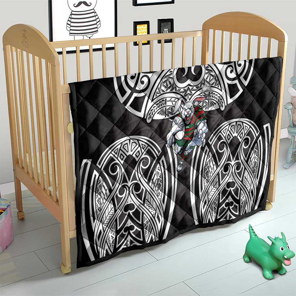 South Sydney Rabbitohs Rugby Quilt Polynesian Tribal Rabbit Warrior Black White Pattern