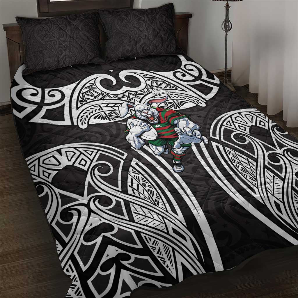 South Sydney Rabbitohs Rugby Quilt Bed Set Polynesian Tribal Rabbit Warrior Black White Pattern