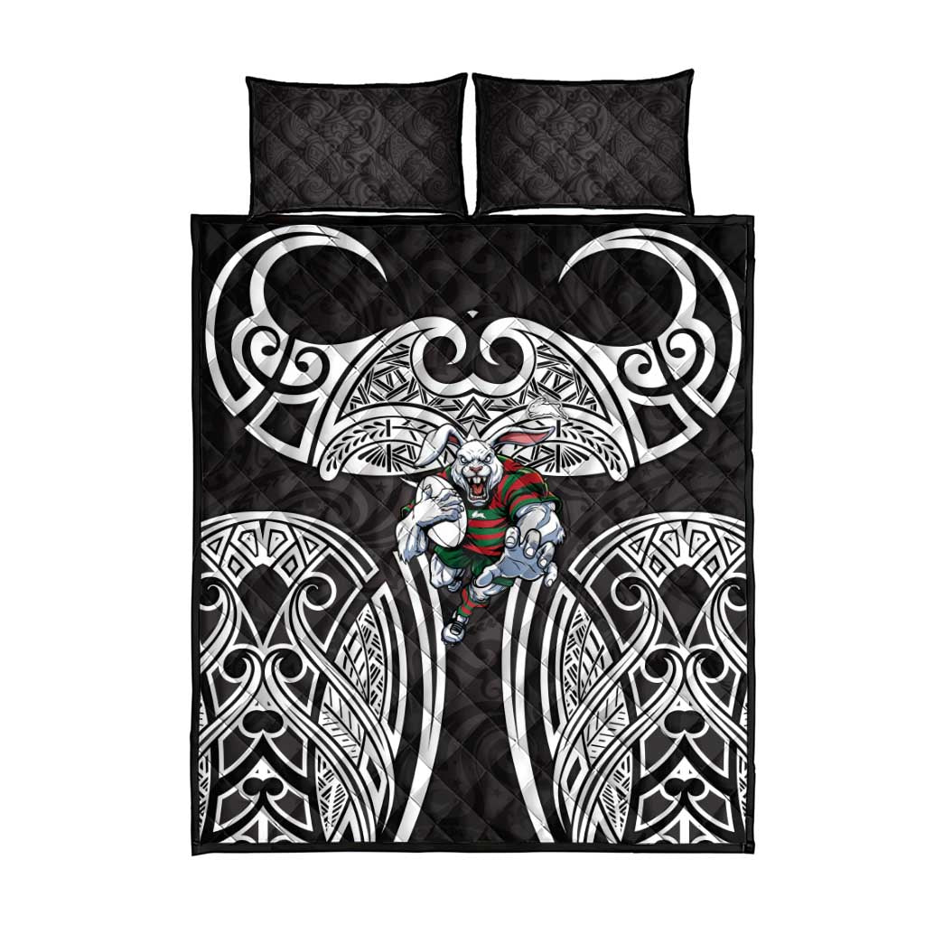 South Sydney Rabbitohs Rugby Quilt Bed Set Polynesian Tribal Rabbit Warrior Black White Pattern