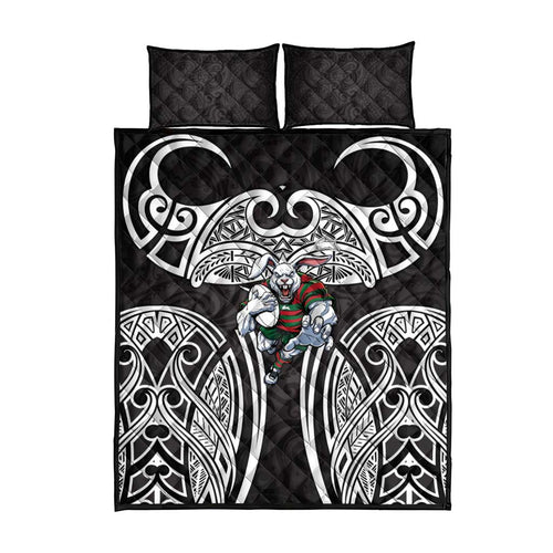 South Sydney Rabbitohs Rugby Quilt Bed Set Polynesian Tribal Rabbit Warrior Black White Pattern