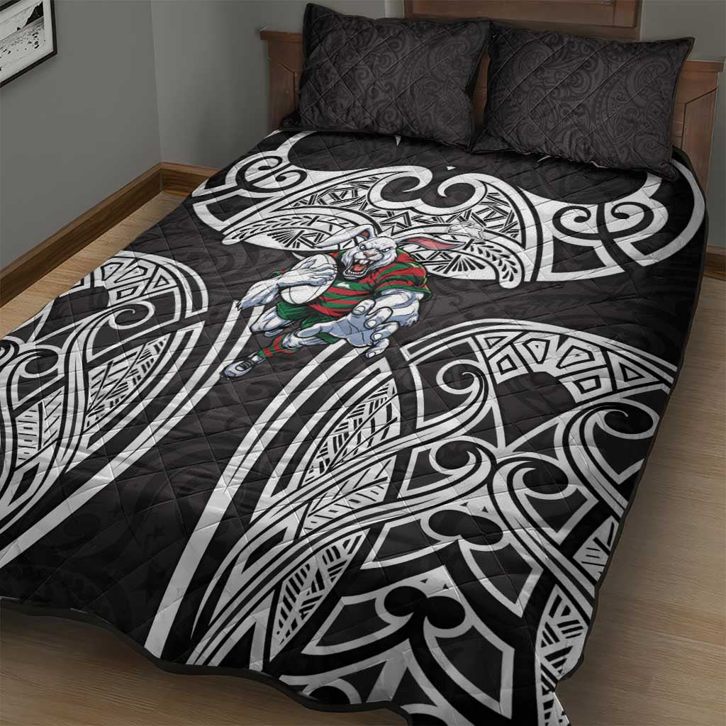 South Sydney Rabbitohs Rugby Quilt Bed Set Polynesian Tribal Rabbit Warrior Black White Pattern