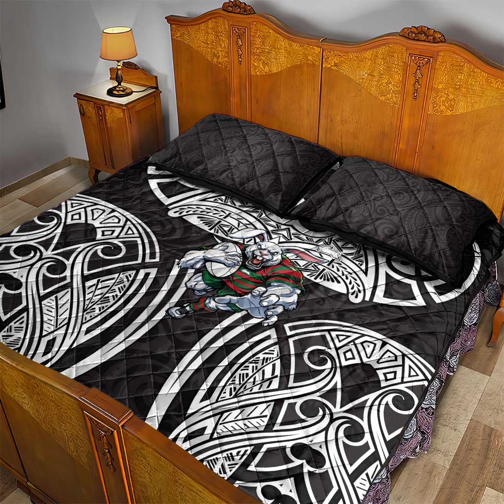 South Sydney Rabbitohs Rugby Quilt Bed Set Polynesian Tribal Rabbit Warrior Black White Pattern