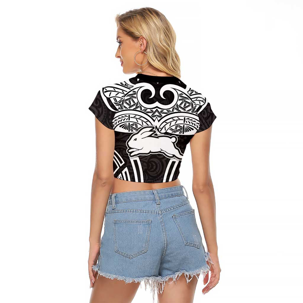 South Sydney Rabbitohs Rugby Raglan Cropped T Shirt Polynesian Tribal Rabbit Warrior Black White Pattern