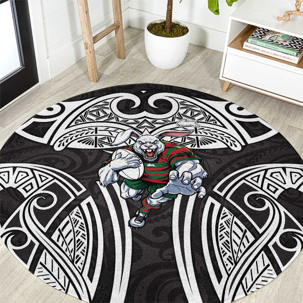South Sydney Rabbitohs Rugby Round Carpet Polynesian Tribal Rabbit Warrior Black White Pattern