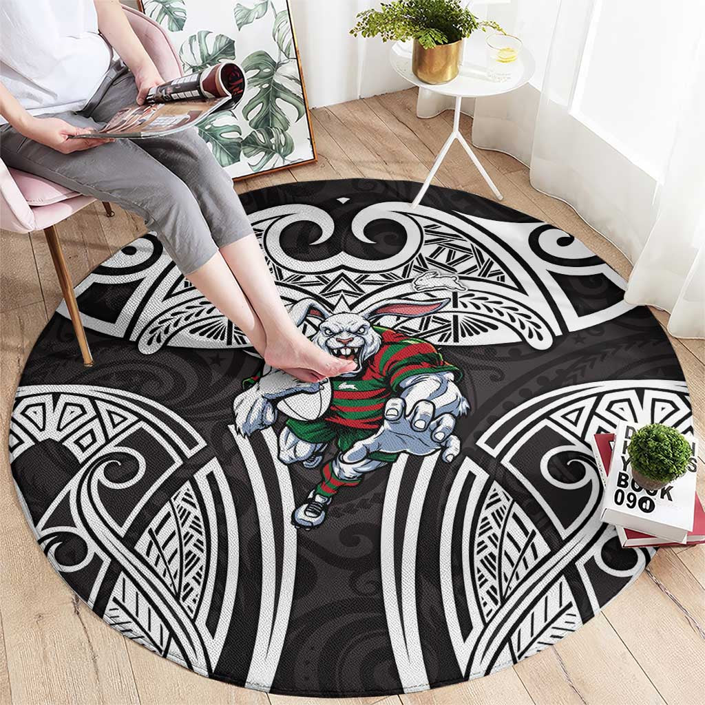 South Sydney Rabbitohs Rugby Round Carpet Polynesian Tribal Rabbit Warrior Black White Pattern