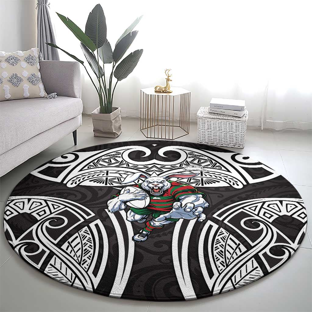 South Sydney Rabbitohs Rugby Round Carpet Polynesian Tribal Rabbit Warrior Black White Pattern