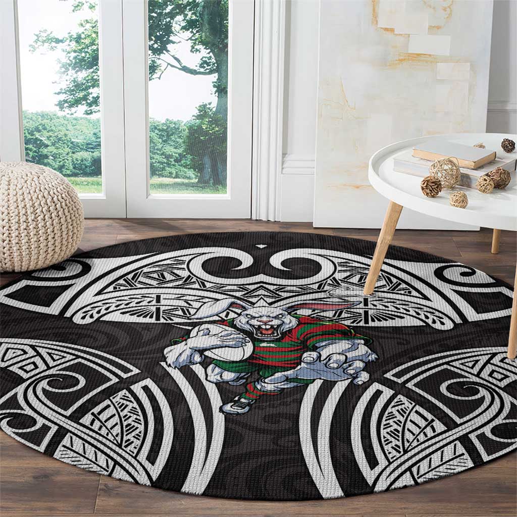South Sydney Rabbitohs Rugby Round Carpet Polynesian Tribal Rabbit Warrior Black White Pattern