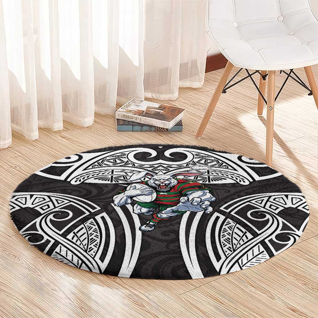 South Sydney Rabbitohs Rugby Round Carpet Polynesian Tribal Rabbit Warrior Black White Pattern