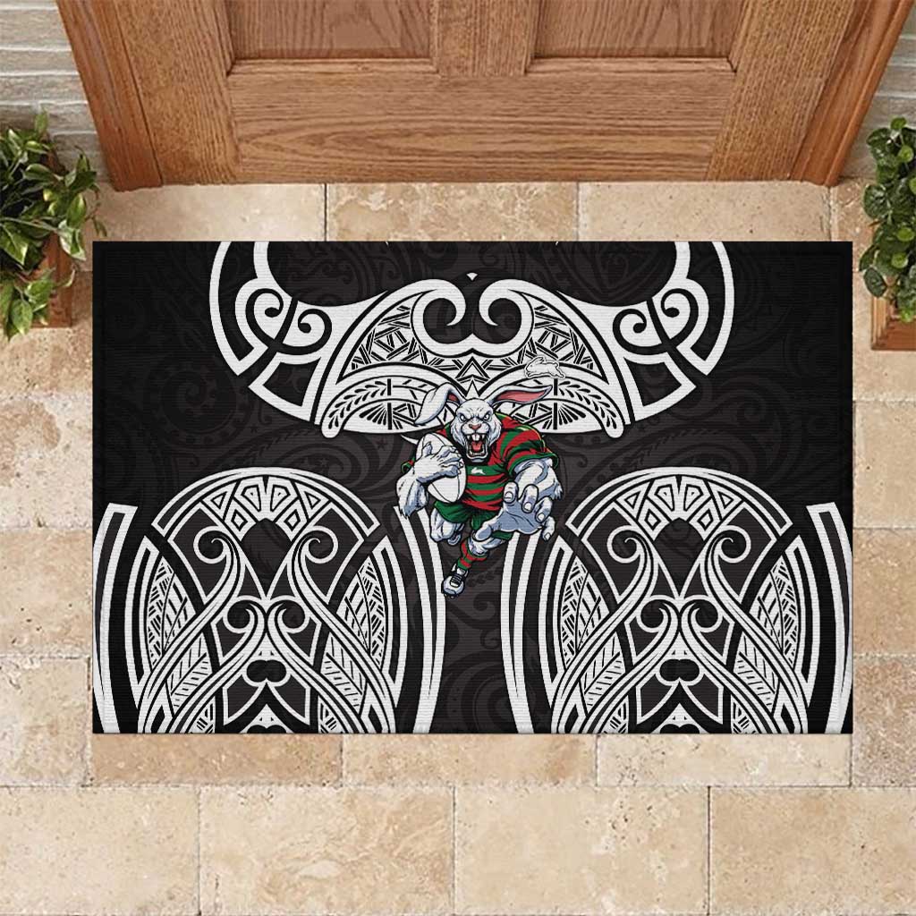 South Sydney Rabbitohs Rugby Rubber Doormat Polynesian Tribal Rabbit Warrior Black White Pattern