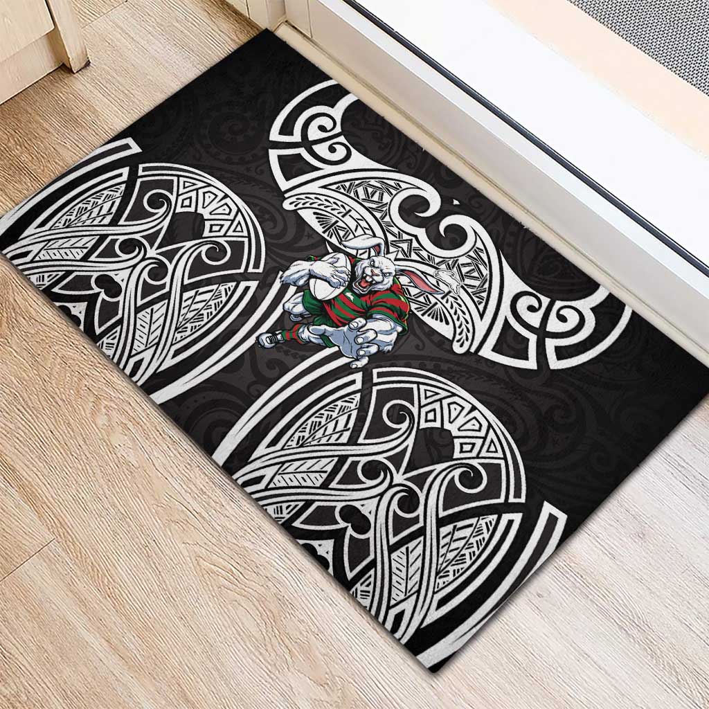 South Sydney Rabbitohs Rugby Rubber Doormat Polynesian Tribal Rabbit Warrior Black White Pattern