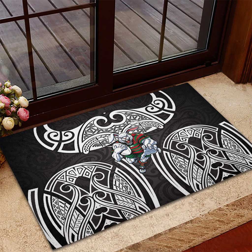 South Sydney Rabbitohs Rugby Rubber Doormat Polynesian Tribal Rabbit Warrior Black White Pattern