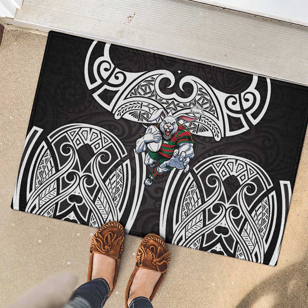 South Sydney Rabbitohs Rugby Rubber Doormat Polynesian Tribal Rabbit Warrior Black White Pattern