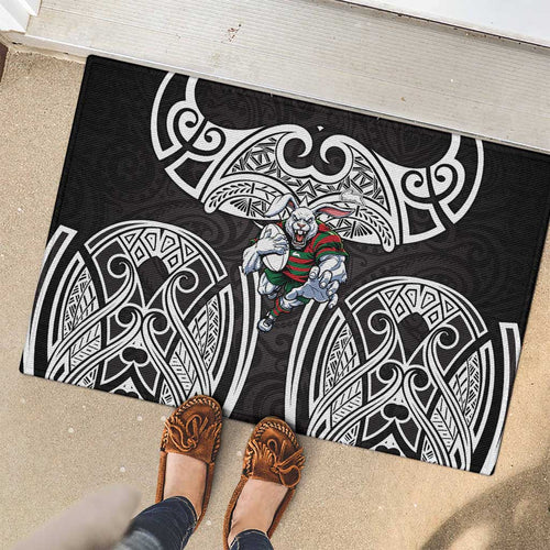 South Sydney Rabbitohs Rugby Rubber Doormat Polynesian Tribal Rabbit Warrior Black White Pattern