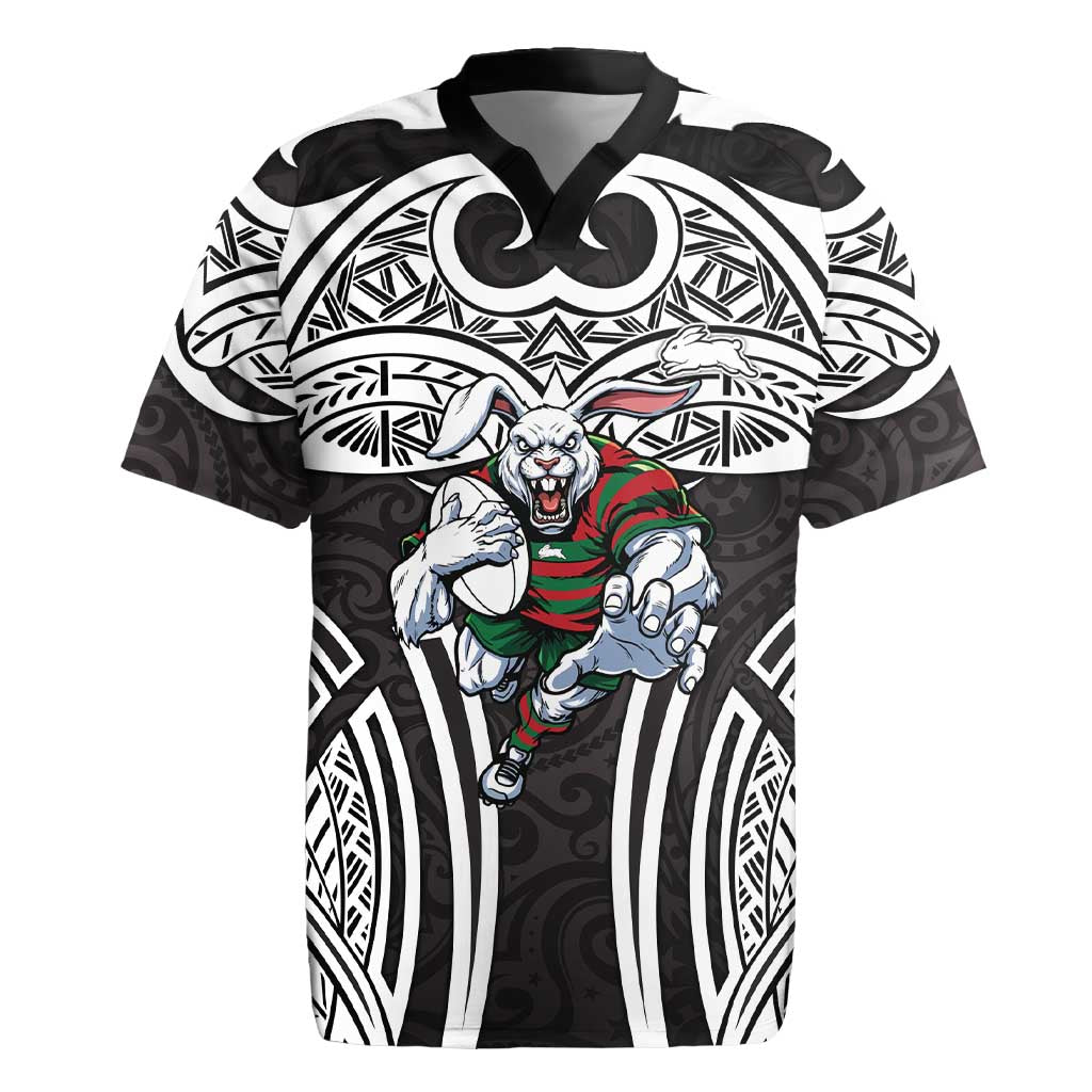 South Sydney Rabbitohs Rugby Rugby Jersey Polynesian Tribal Rabbit Warrior Black White Pattern
