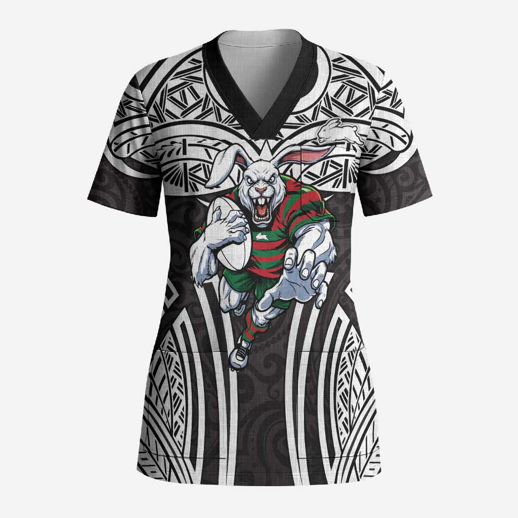 South Sydney Rabbitohs Rugby Scrub Top Polynesian Tribal Rabbit Warrior Black White Pattern