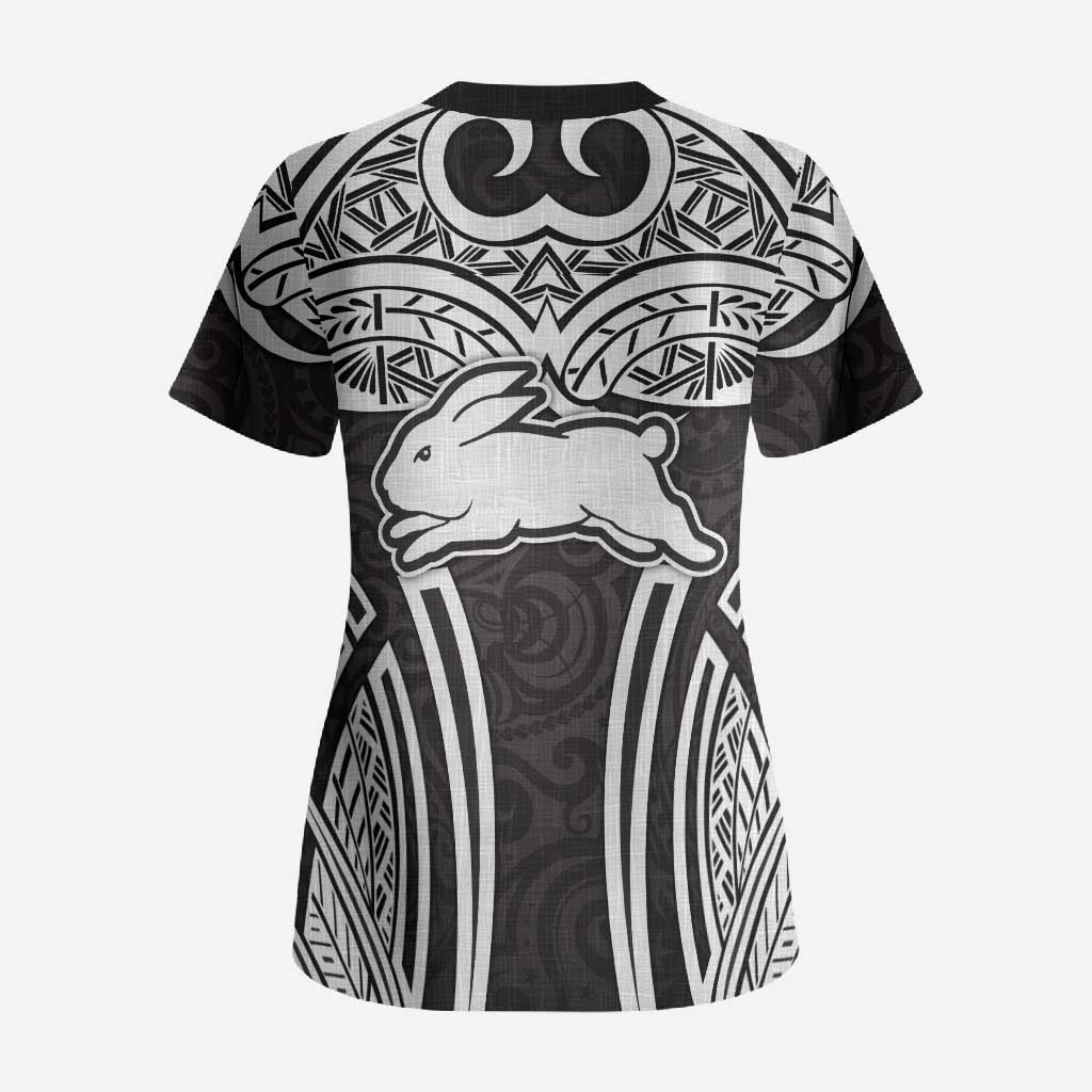 South Sydney Rabbitohs Rugby Scrub Top Polynesian Tribal Rabbit Warrior Black White Pattern