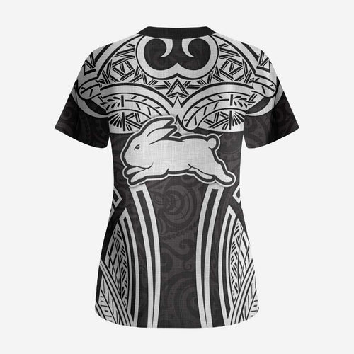 South Sydney Rabbitohs Rugby Scrub Top Polynesian Tribal Rabbit Warrior Black White Pattern