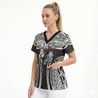 South Sydney Rabbitohs Rugby Scrub Top Polynesian Tribal Rabbit Warrior Black White Pattern