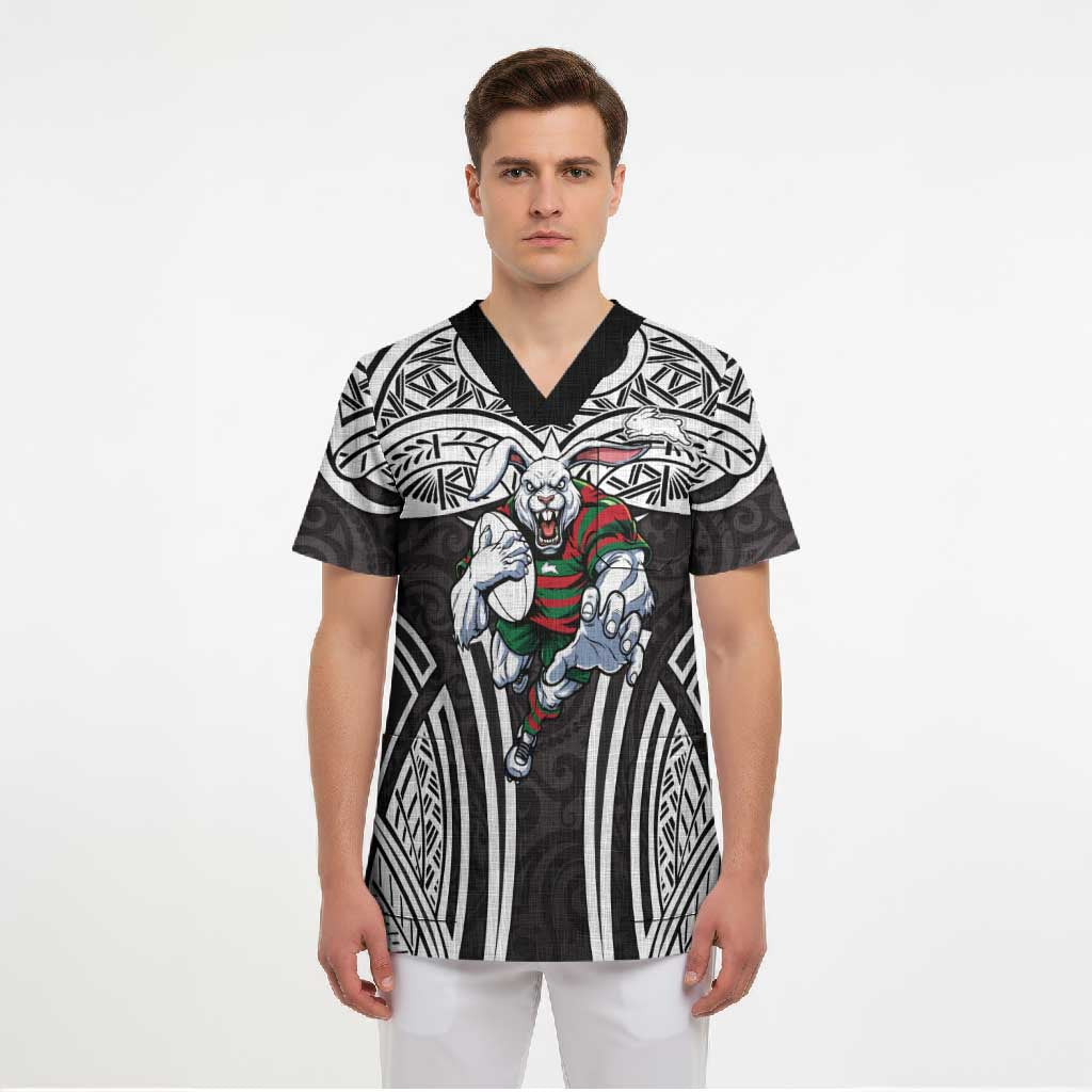 South Sydney Rabbitohs Rugby Scrub Top Polynesian Tribal Rabbit Warrior Black White Pattern