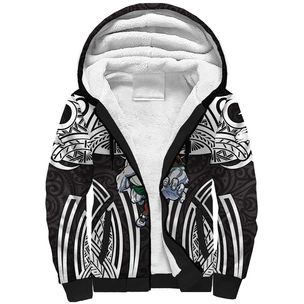 South Sydney Rabbitohs Rugby Sherpa Hoodie Polynesian Tribal Rabbit Warrior Black White Pattern