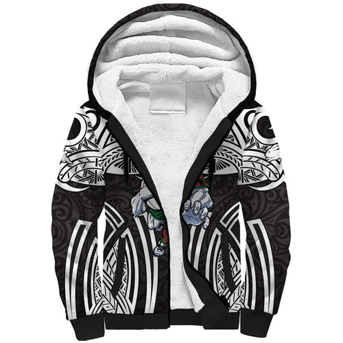 South Sydney Rabbitohs Rugby Sherpa Hoodie Polynesian Tribal Rabbit Warrior Black White Pattern
