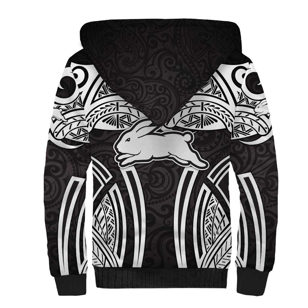 South Sydney Rabbitohs Rugby Sherpa Hoodie Polynesian Tribal Rabbit Warrior Black White Pattern