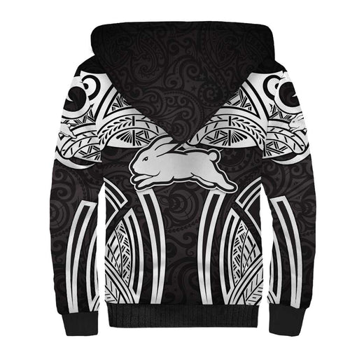 South Sydney Rabbitohs Rugby Sherpa Hoodie Polynesian Tribal Rabbit Warrior Black White Pattern